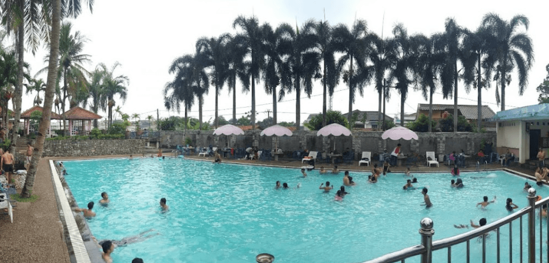 Kolam renang keluarga TASA dikelilingi pohon palem